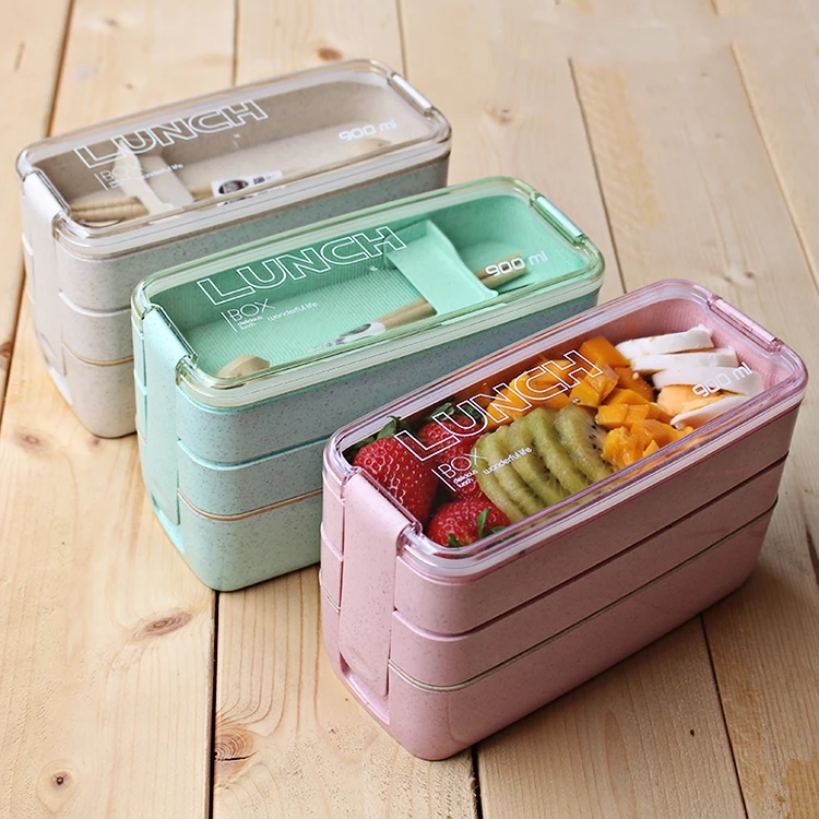 Healthy Material Lunch Box 3 Layer Wheat Straw Bento Boxes Microwave