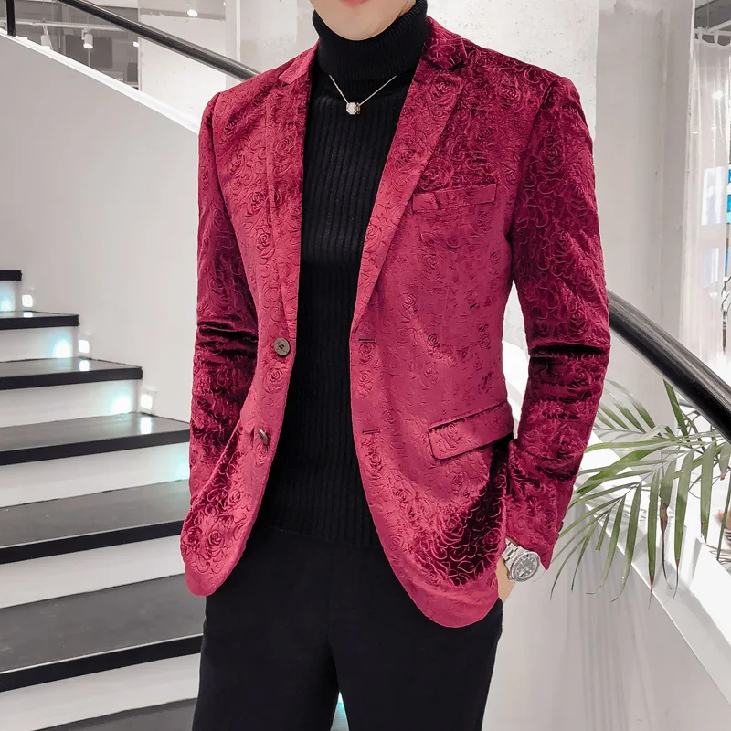 New Velvet Blazer Male British Style Single Breasted Red Wedding ...