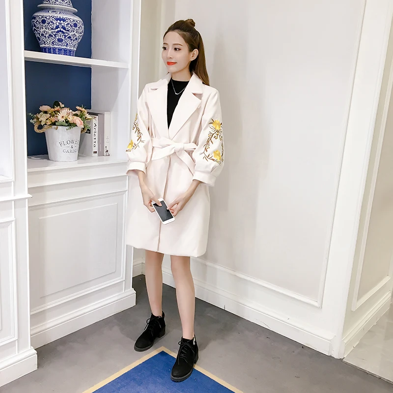 Средней длины XL удобное тонкое корейское шерстяное пальто с вышивкой и рукавами-фонариками осенне-зимняя женская новая шерстяная куртка с поясом
