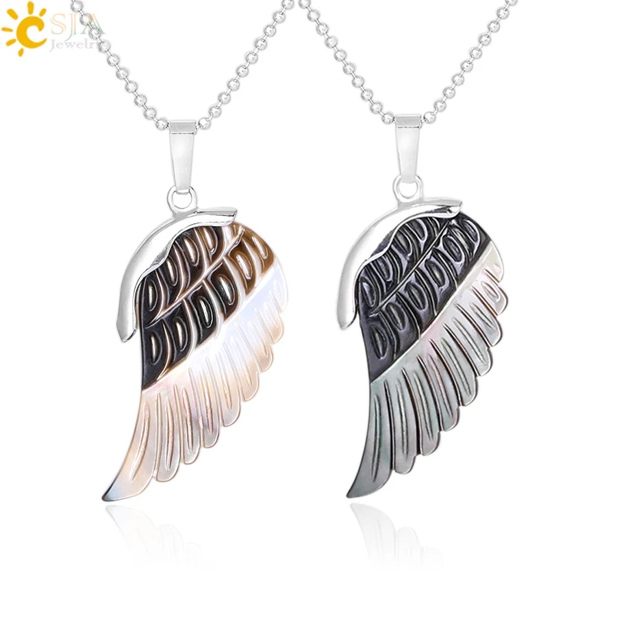 

CSJA 1 Pcs Mother of Pearl Black Retro Carved Feather Wing Pendant Necklace Natural Abalone Shell Bohemia Jewelry for Women F321