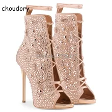 Newest Trend Women Crystal Stiletto High heels Open Toe Lace Up Gladiator Sandal Boots Fashion Rhinestone Sexy Ankle Booties