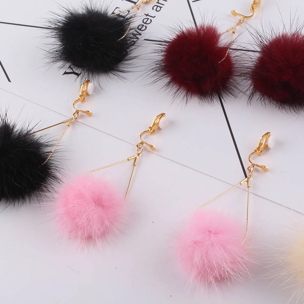 Rabbit Fur Ball PomPom Long wedding clip on earrings for Women Unique Soft Pom Pom Ear Earring Jewelry Cute Christmas Gift