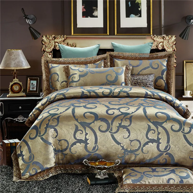 

2017 Luxury lace Satin Silk Jacquard Bedding Sets golden pink bedsheet Queen King size 4pcs Christmas gift