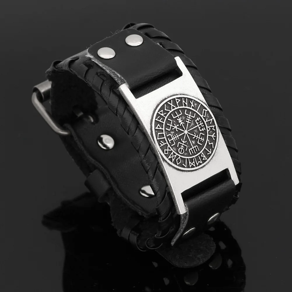 Nodic viking Vegvisir компас кожаный амулет символ Одина браслет регулируемый размер 19 25