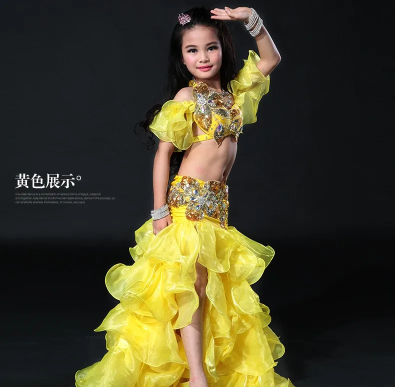 Детский танец живота костюм комплект одежды из 3 предметов Роскошные Болливуда девушка арабский принцессы танцевальная одежда красный фиолетовый желтый