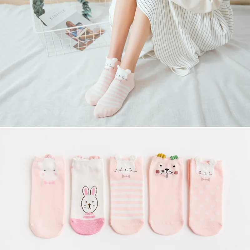 5 пар, женские хлопковые носки с рисунками, розовые милые носки с котом, короткие носки, повседневные носки с единорогом, с 3D ушками, красные носки с принтом в форме сердца, забавные