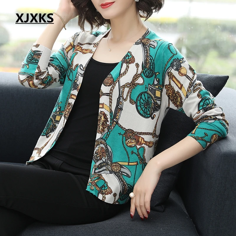 

XJXKS Cardigan Women Sweater 2019 Modis High Quality Cashmere Wool Cardigans Women Elegant Tops Gorgeous Print Sweater