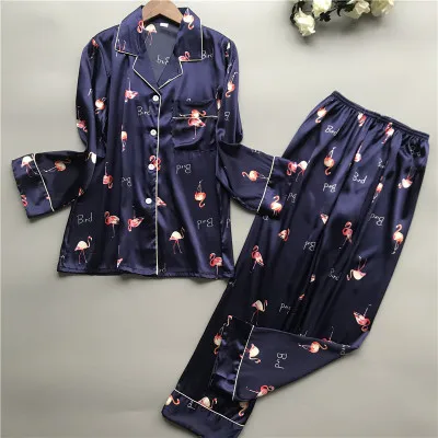 Daeyard/Модные Шелковые пижамные комплекты блузка с длинными рукавами и принтом и штаны пижама из двух предметов Повседневная Домашняя одежда ночное белье - Цвет: navy flamingo