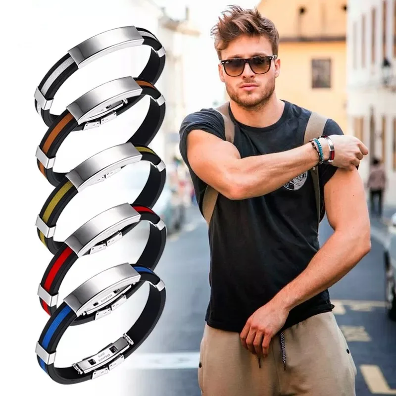 

Fashion Men Jewelry Flame Rubber Leather Bracelet Sport Basketball Bracelet Black Stainless Steel Clasps Women WristBand Gifts