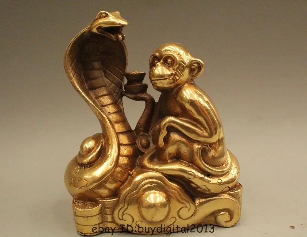 5" Chinese Feng Shui Brass Fu Zodiac Year Monkey snake Yuan Bao Statue