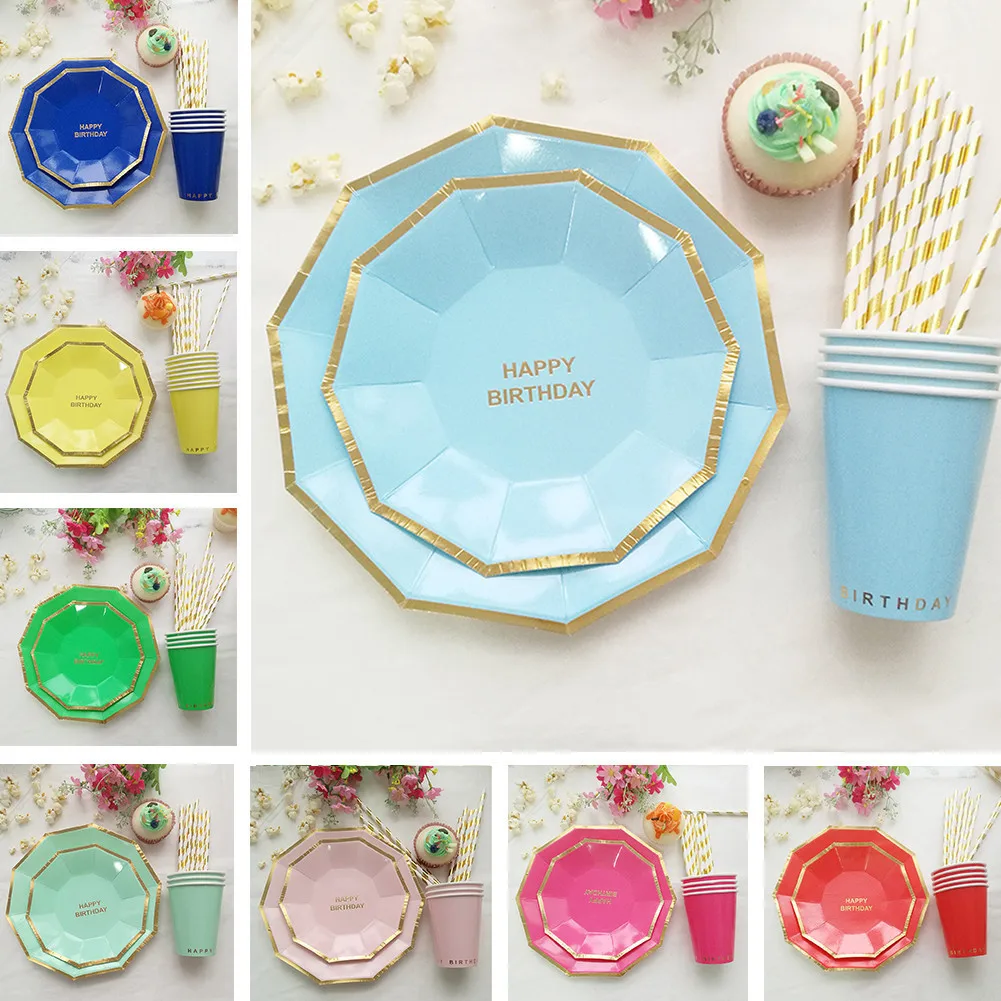 Golden Striped Happy Birthday Disposable Tableware Set Paper Plates