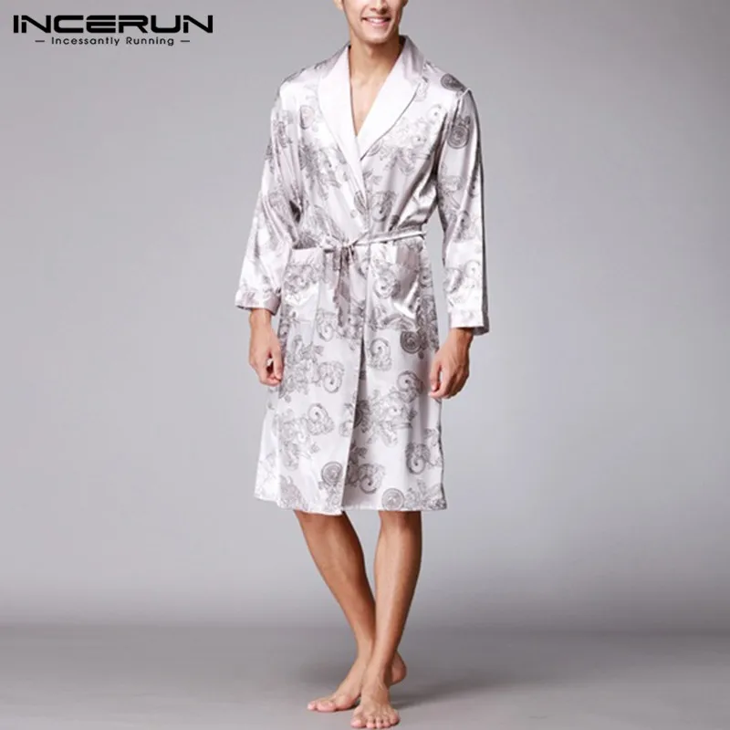 INCERUN Для мужчин халат пижамы из искусственного шелка с длинным рукавом халаты Ночная рубашка Китайский Дракон печати Удобные домашняя