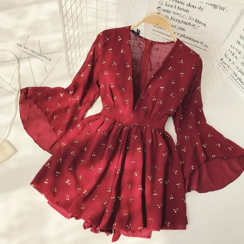 

Vintage Bohemia Playsuits Women Cherry Printed Deep V-neck High Waist Slim Holiday Beach Wide-legged Shorts Pants Jumpsuits