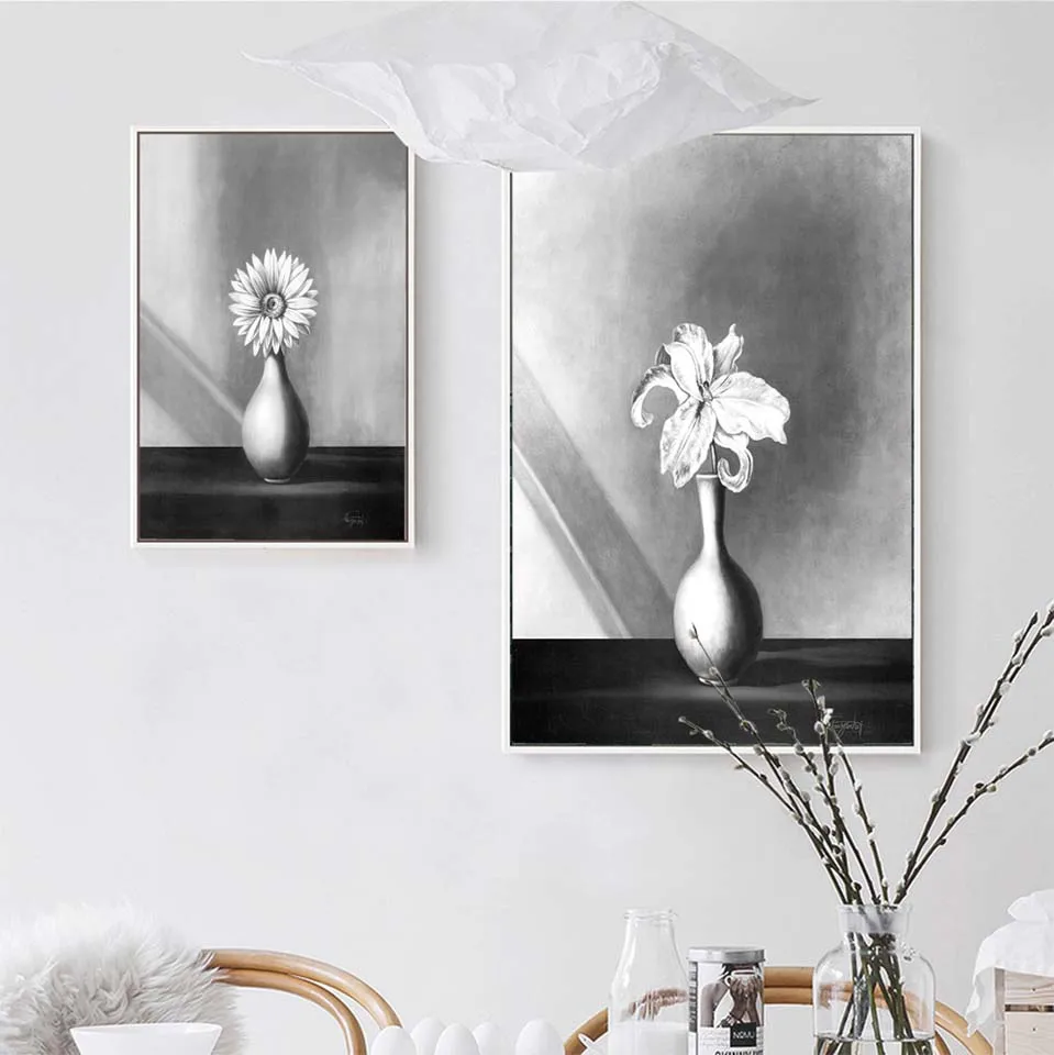Home Decoration Wall Art Poster Nordic Print Canvas Paintings Picture Black background white and gold flowers