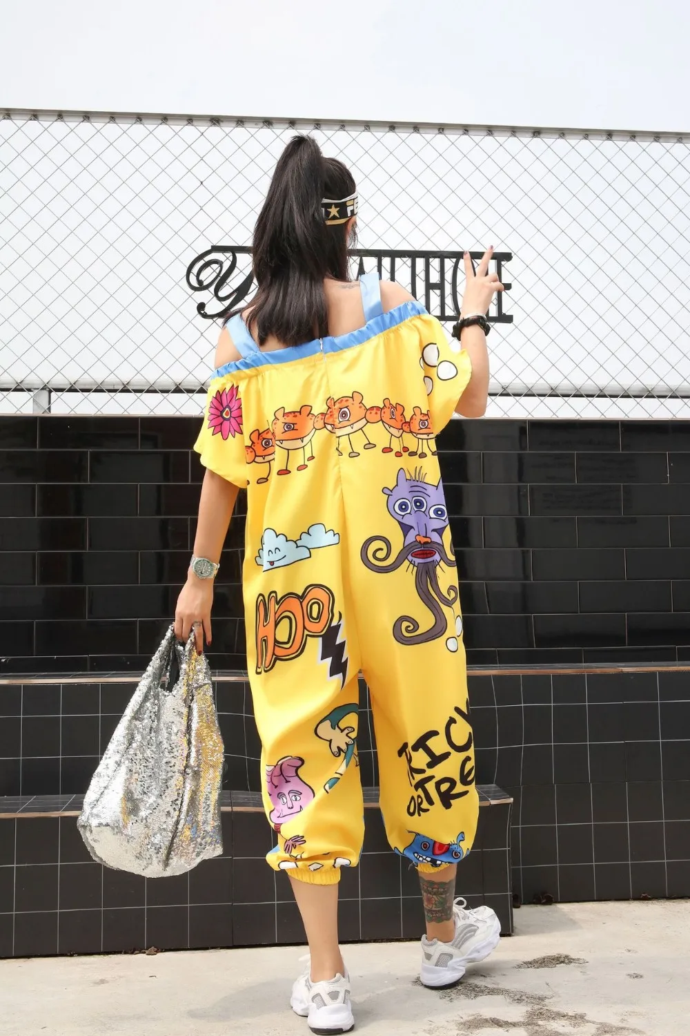 Женский спортивный костюм в стиле хип-хоп с рисунком из мультфильма, свободные цельные комбинезоны с высокой талией, повседневные штаны с вырезом лодочкой