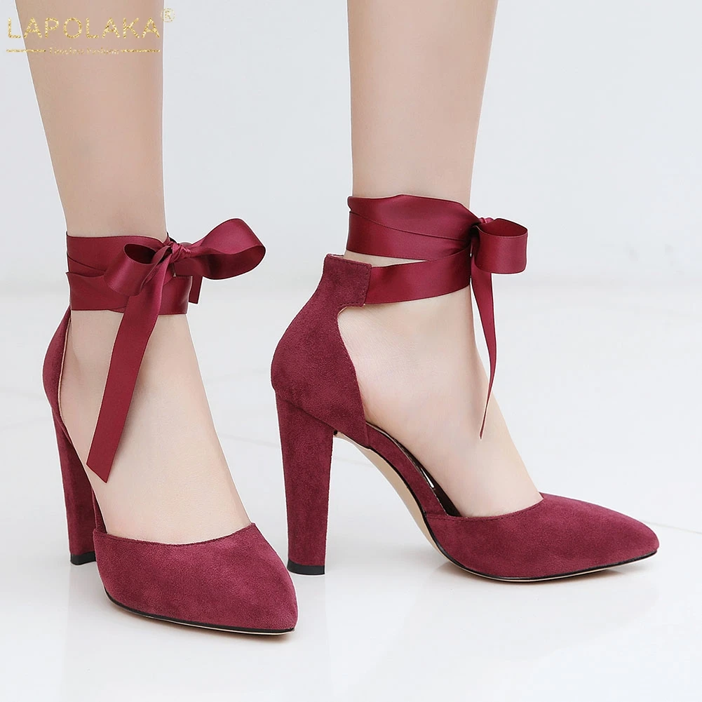 

LAPOLAKA Big Size 34-46 Women Shoes Ankle Wrap Sweet Party Bowtie Pointed Toe Two Piece High Heels Sandals Shoes Woman