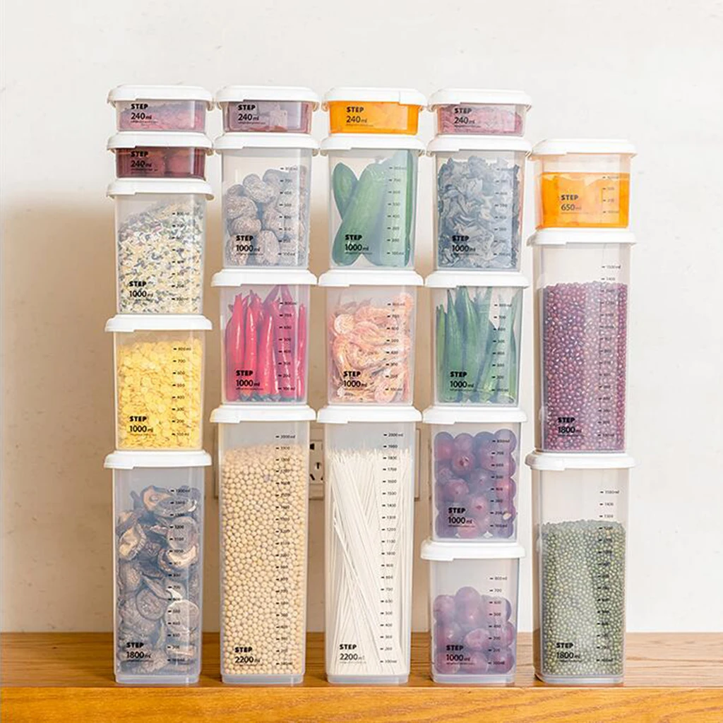 

Set of 5 Plastic Cereal Container Food Storage Box Flour Rice Cereal Nuts Keeper 240ml, 650ml, 1000ml, 1800ml, 2200ml