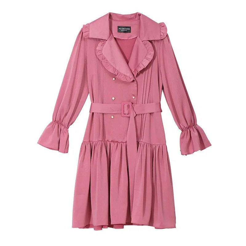 

PERHAPS U pink notch collar long sleeve sash ruffle double breasted pleat knee length dress elegant D1170