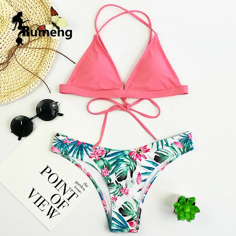 

RUMENG New 2018 Low-waisted Bikini Set Printed Swimsuit
