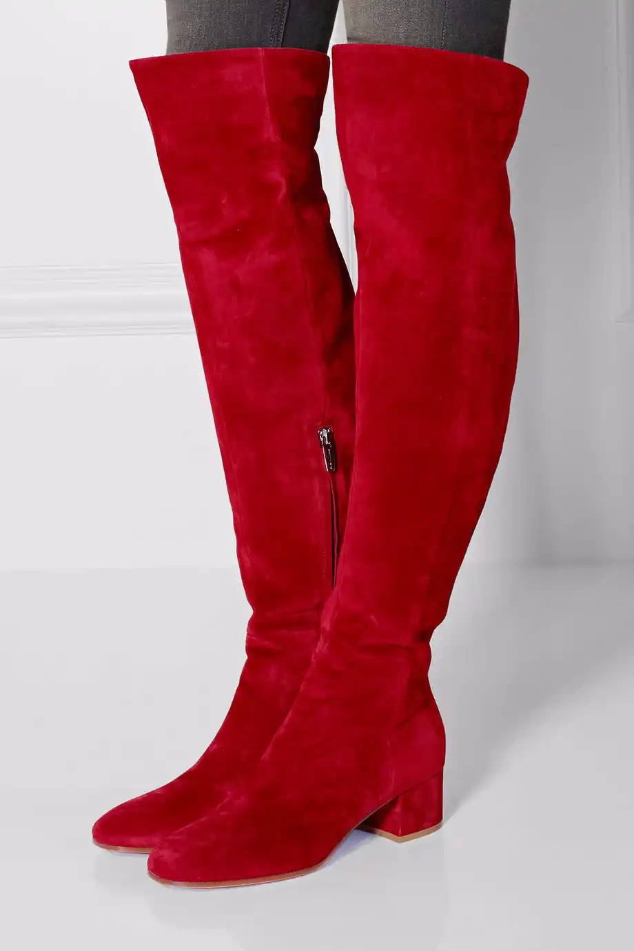 Women Winter Flat Boots Red Suede Over The Knee Boots Round Toe Thick