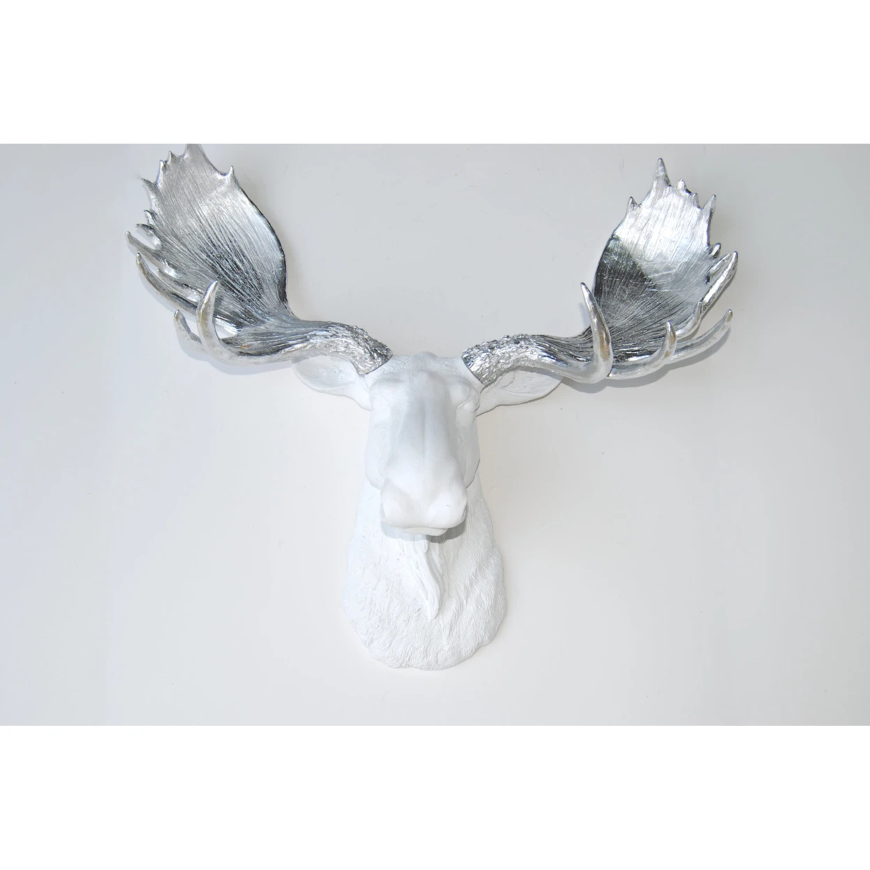 White Moose Head - Metallic Silver Antlers  - Faux Taxidermy Moose M0110