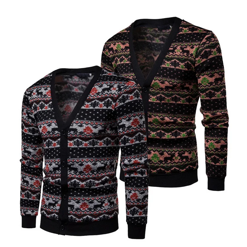 

Christmas Men's Knit Cardigan Long Sleeve Loose Sweaters Elk Print Casual Knitwear Autumn Winter V Neck Button Sweater Coat