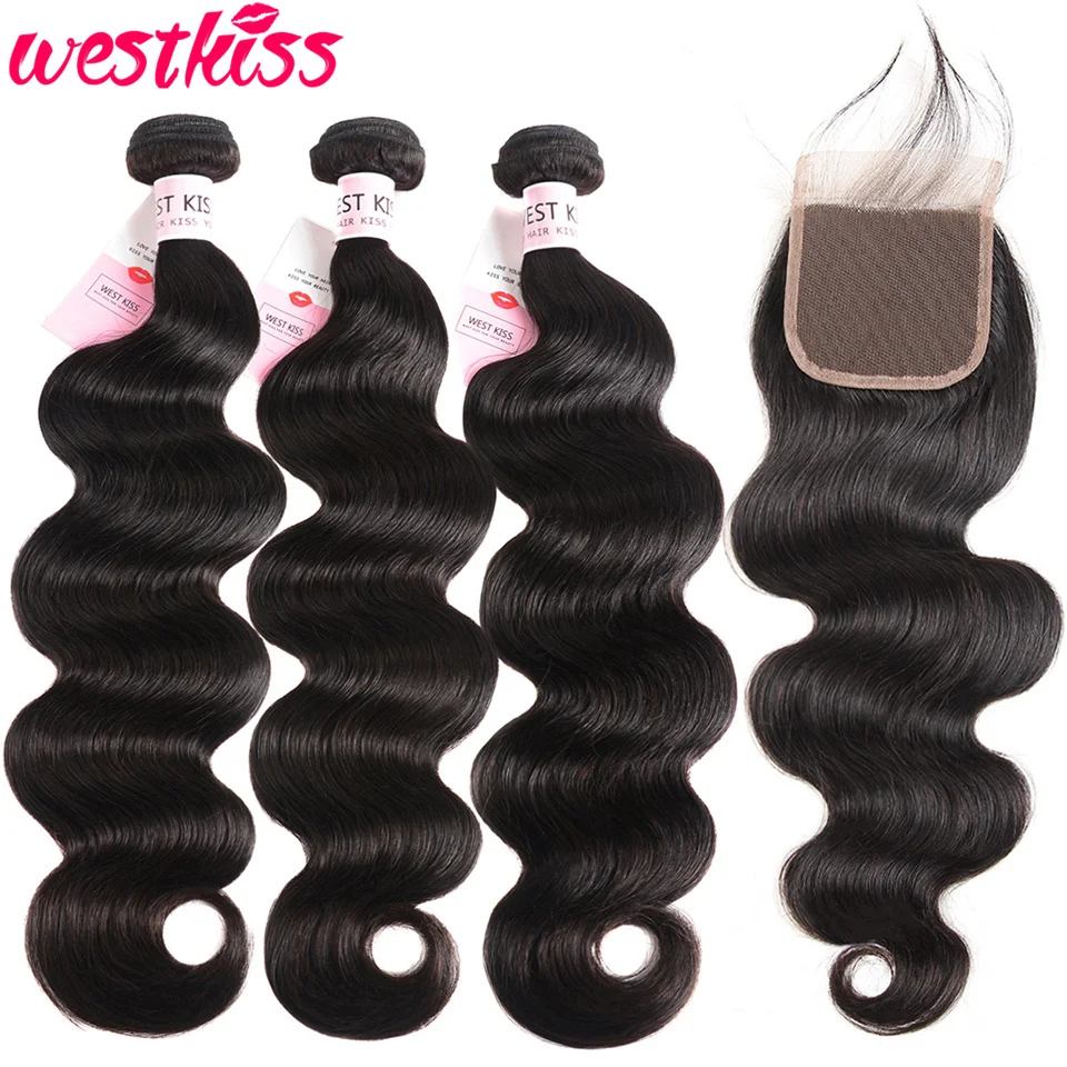 

Lace Closure With Bundles Brazilian Body Wave Human Hair Bundles With Closure 3 bundles West kiss Remy Hair Bundles with closure