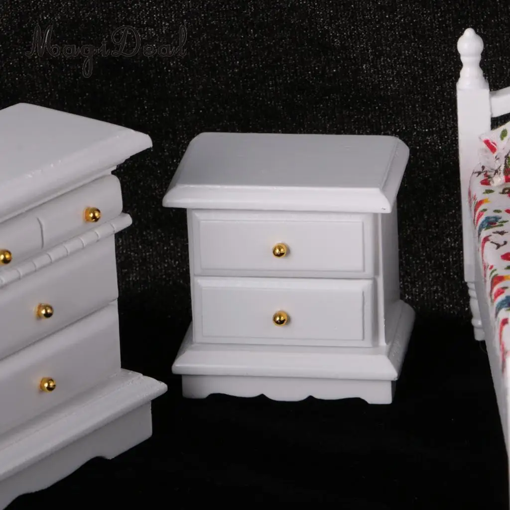 European Retro Design 1:12 Dollhouse Miniature White Wooden Bedroom Double Bed Dresser Mirror Chair Furniture Accs Kids Toys