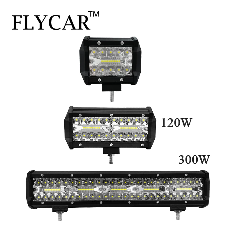 FLYCAR 4/6/15 дюймов 60 W/120 w/300 w светодиодный рабочий светильник бар комбинированного луча дальнего света Противотуманные светильник внедорожный светодиодный светильник s бар для Jeep SUV грузовик