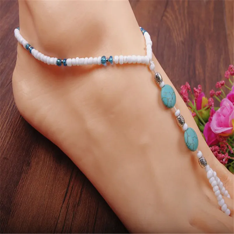 2018 NEW Beads anklets for women Turquoise Beads Beaded stretch Barefoot Foot Jewelry Black Sandals Pulseras Tobilleras J20#N (4)