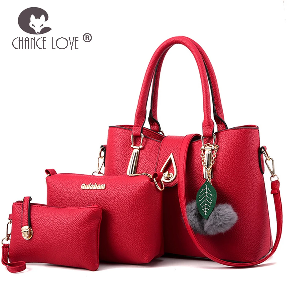 

Chance Love Female bag 2018 new shoulder diagonal composite bag 3 piece set handbag Hair ball green leaf pendant trend handbags