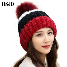 Новинка, зимние шапки для женщин, вязаные шапки с большими помпонами для девушек, шенилловая полосатая теплая плотная шапка Skullies Beanies, Женская Повседневная Лыжная шапка