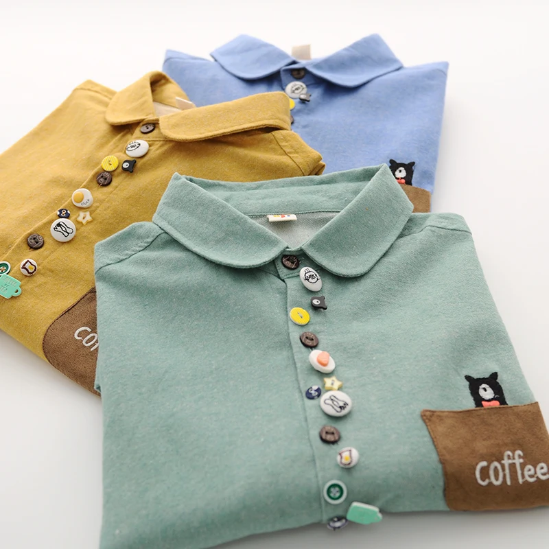 Colorful buttons peter pan collar long  sleeve Brushed cotton shirt blouse mori girl  autumn