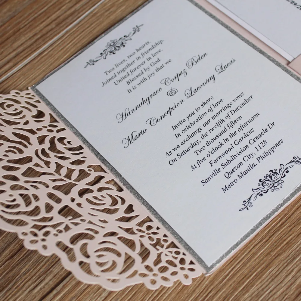 Розовый лазерная резка, для свадьбы Приглашение, роза, приглашение костюм, романтический пригласительная открытка с открытки для ответа на приглашение-печать под заказ, 50 шт в наборе, шт