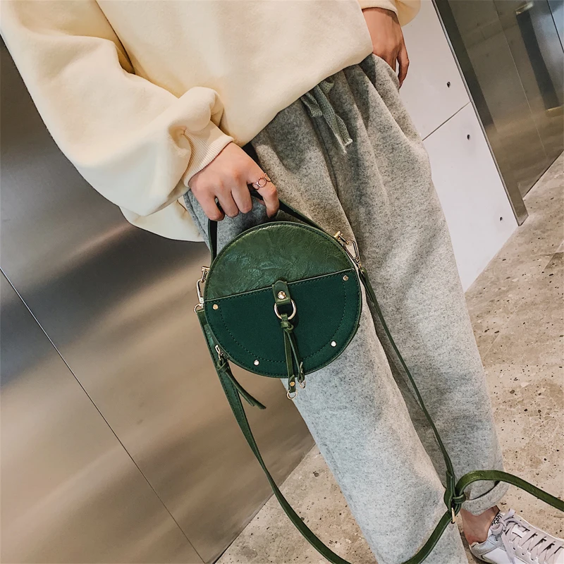 خمر فرك جلد جولة مصمم Crossbody حقيبة للنساء 2019 بو الجلود حقائب كتف السيدات صغيرة حقائب البسيطة حمل حقيبة