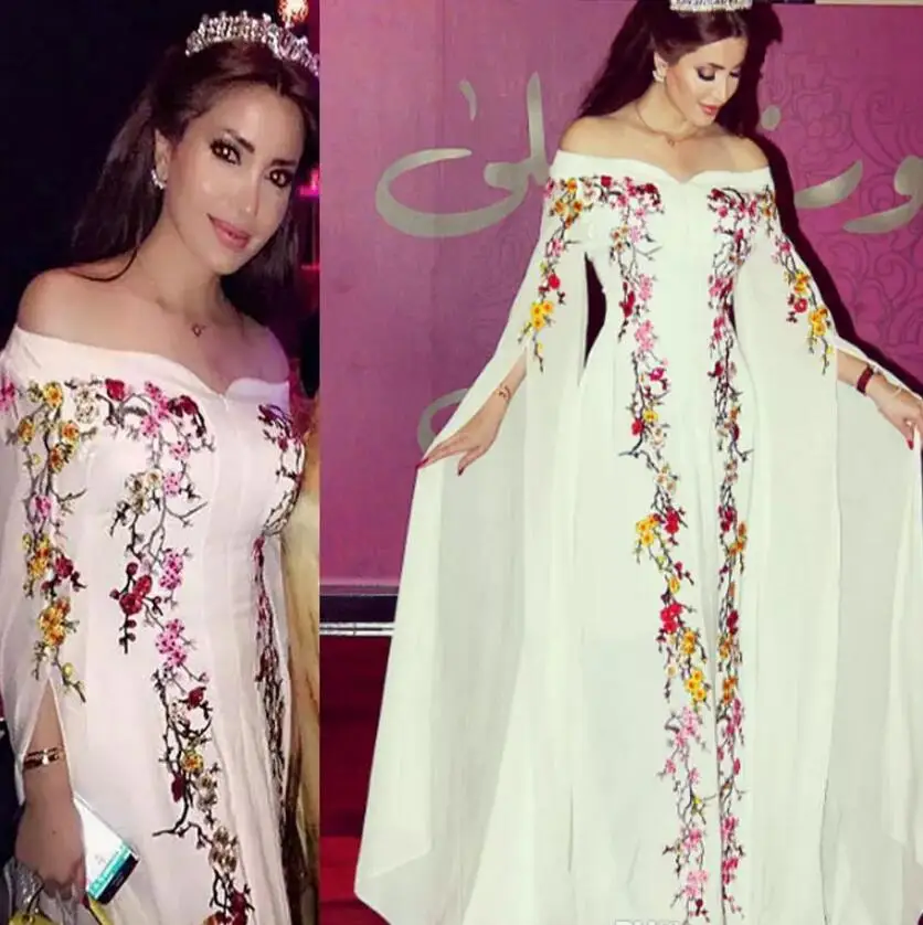 

Dubai Embroidery Evening Dresses Floor Length Off the Shoulder Flare Long Sleeve Evening Gowns Abendkleider