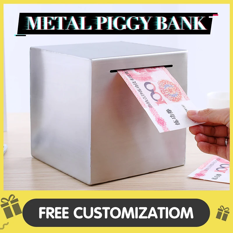 

Piggy Bank No Exit Metal Money Box Coin Bank Safe Deposit Box Free Engraving Stainless Steel Square New Arrival C-Zjbc-15F
