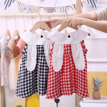 

Girls 2019 summer new children's vest dress long rabbit ears plaid dress factory wholesale children's dresses