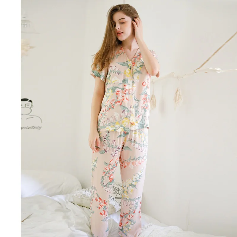 Модная Цветочная вискозная женская пижама с длинным рукавом Весна Лето Повседневная Свободная Пижама размера плюс