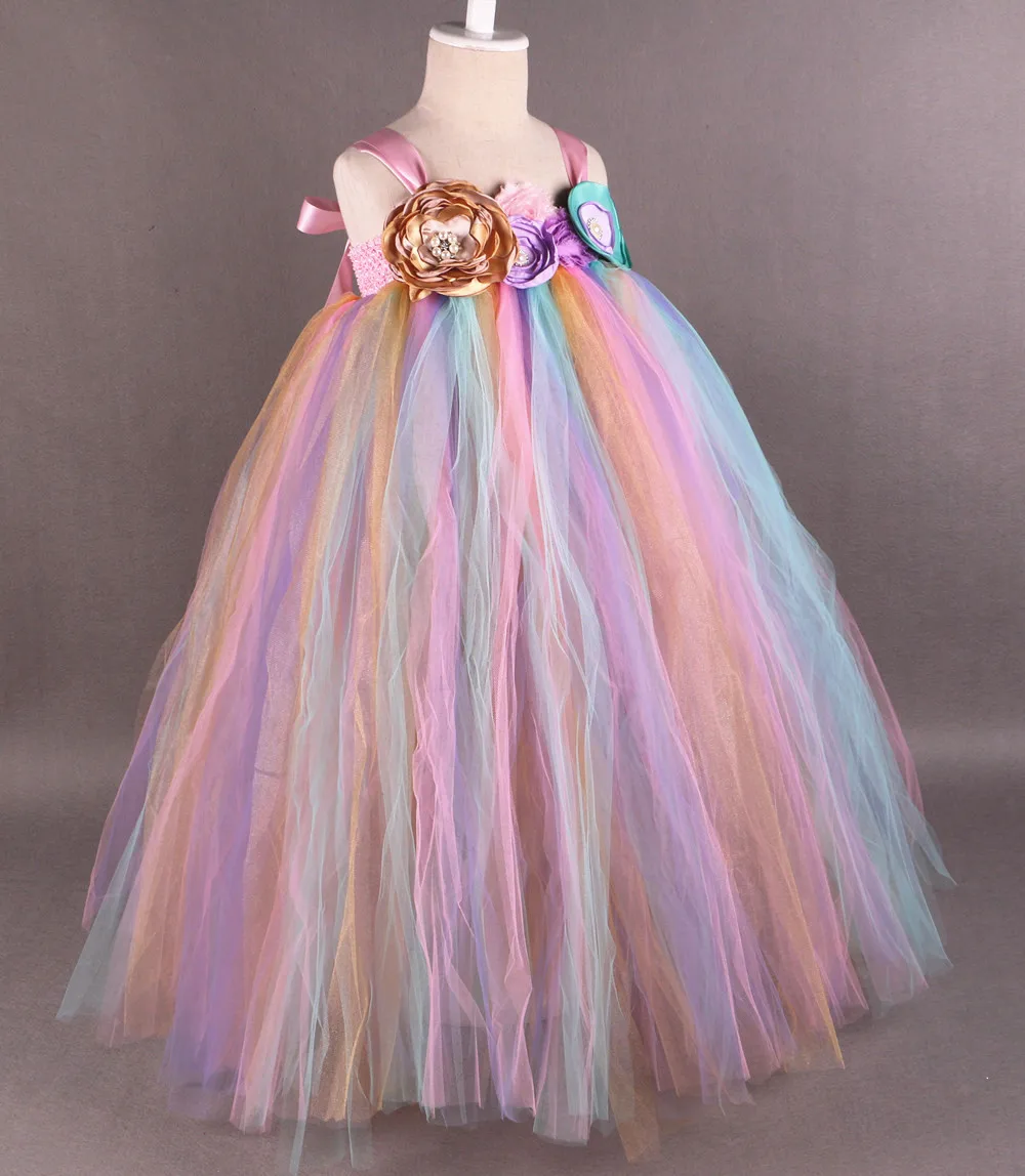 Rainbow Flower Girl Tutu Dress Princess Children Girls Tulle Party Dresses Boutique Kids Girls Pageant Wedding Ball Gown Dress