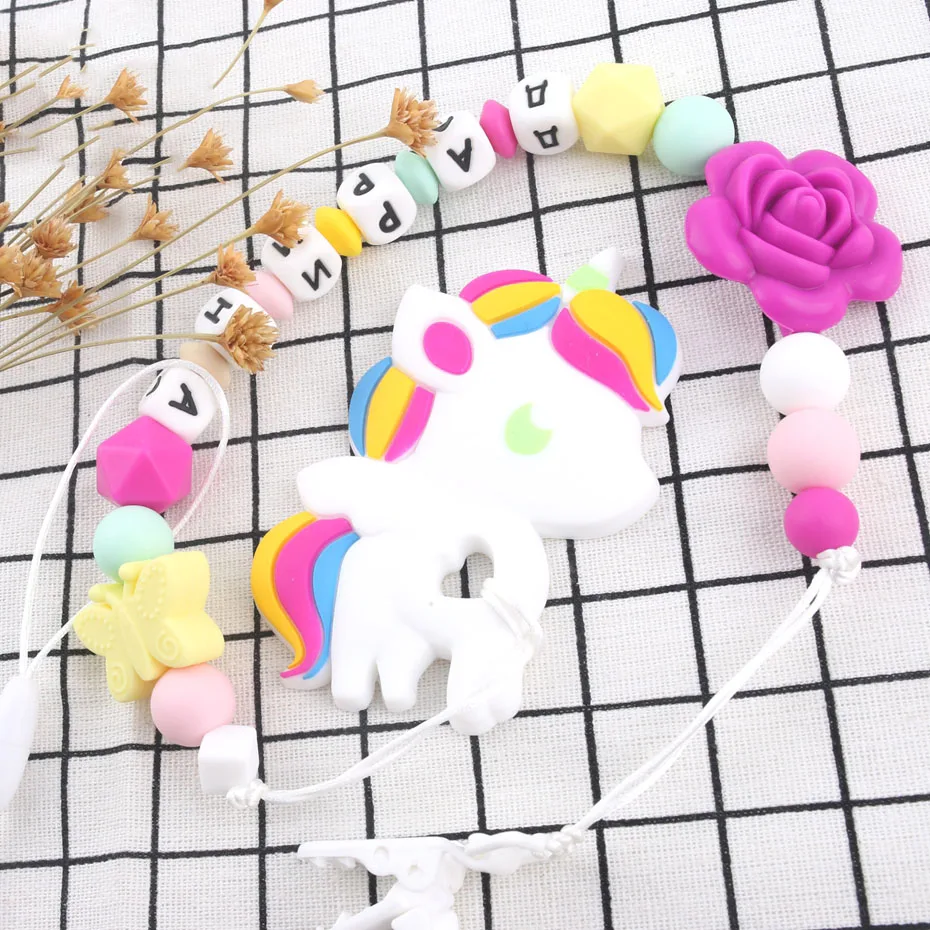

Bite Bites Unicorn Teethers Baby BPA Free Silicone Beads Pacifier Clips Silicone Rose Teething Pacifier Chain Baby Teether