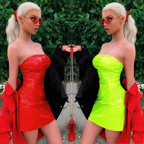 

Fashion Women Sexy Solid Latex Faux Leather Bodycon Skinny Slim Sleeveless Strapless Cocktail Summer Mini Clubwear Dress