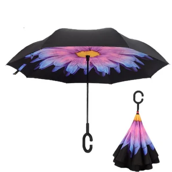 

Purple Daisy Inverted Reverse Folding Umbrella For Double Layer UV Proof Windproof Rain Protection C-Hook Hands For Car Outdoor