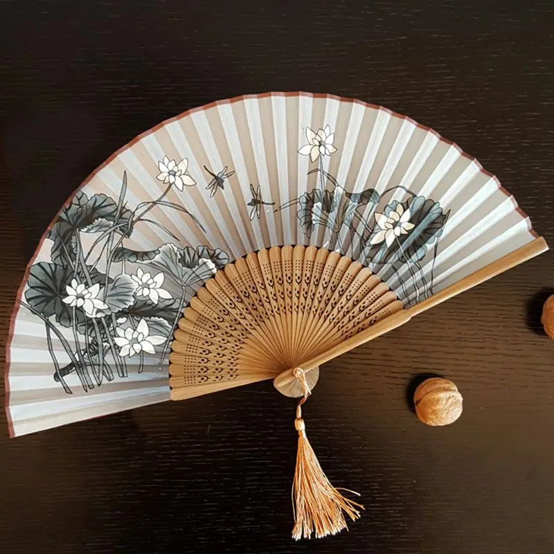 Шелковый ручной вентилятор лотос Складной вентилятор бамбук-серый
