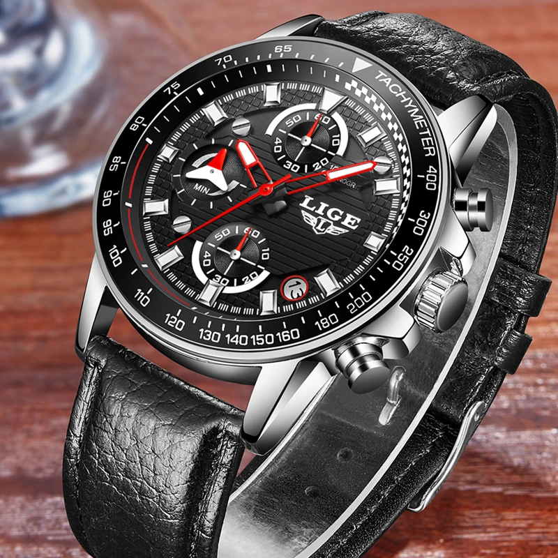 LIGE Brand Men Leather Strap Military Watches Men's Chronograph Waterproof Sport Date Quartz Wristwatch Gifts relogio masculino