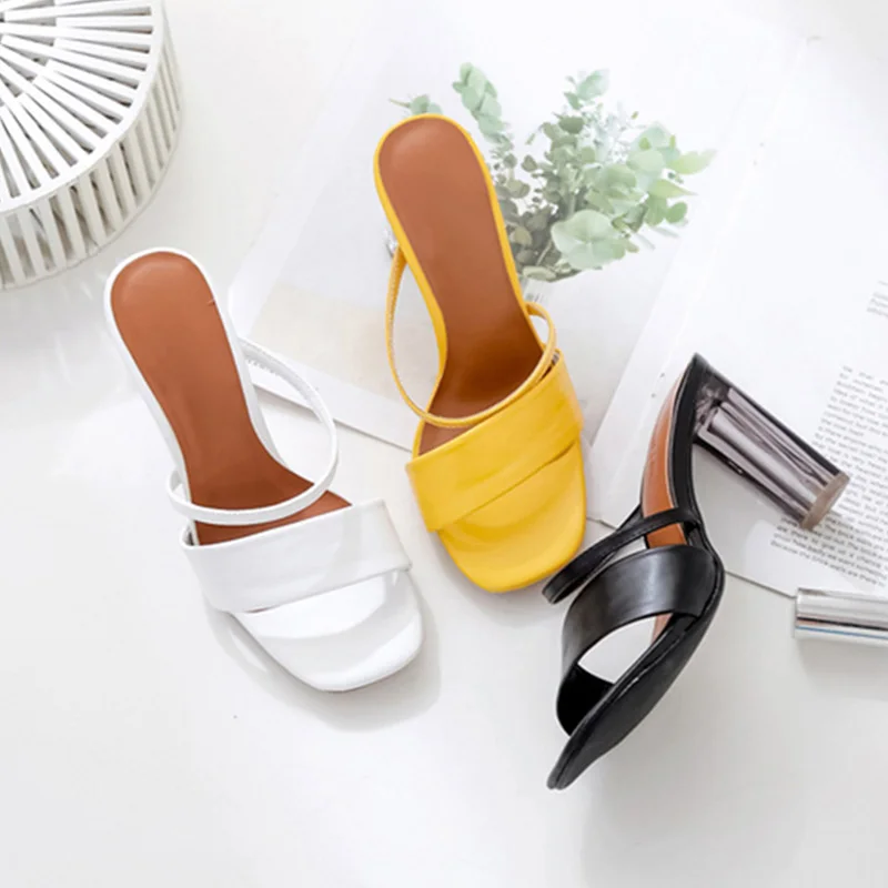 

Boussac Transparent Heel Slipper Sandals Women Vintage Square Toe High Heel Sandals Women Summer Sandals Women SWC0742