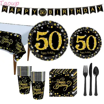 

Taoup Gold 50 Disposable Tableware Towel Plate Tablecover Cups Disposable Party Tableware 50th Birthday Party Decors for Parents
