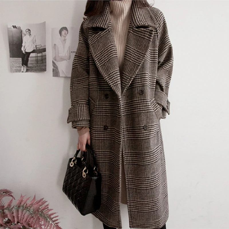 Длинное зимнее пальто для женщин 2019 модное повседневное винтажное клетчатое пальто с поясом пиджаки элегантные офисные женские пальто Casaco