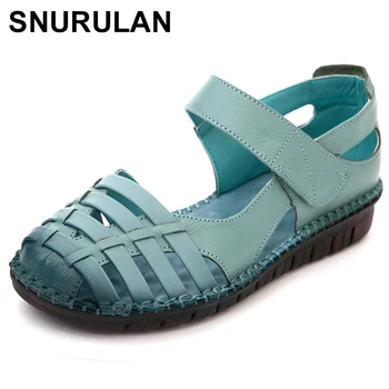 

SNURULAN Closed Toe Flat Sandals Summer Shoes Woman Fashion Genuine Leather Cut Out Gladiator Sandals Soft bottom Women ShoeE548