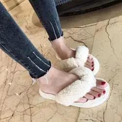 2018 зимние модные женские туфли домашние тапочки сандалии из искусственного меха теплая обувь женские слипоны Туфли без каблуков плюс